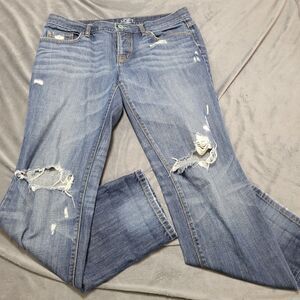 Ann Taylor Loft Jean Women 8 Blue Boyfriend Busted Knee Button Fly Distres Denim